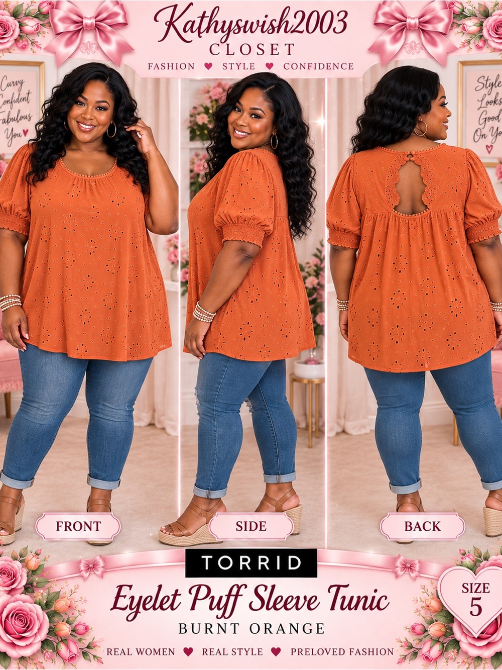 torrid Burnt Orange Eyelet Puff Sleeve Tunic - Picture 2 of 15